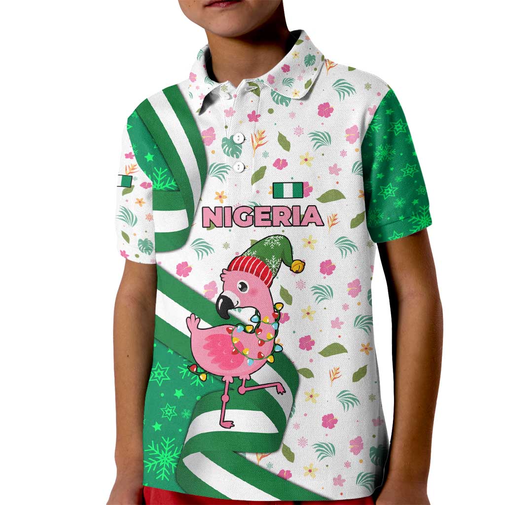 Nigeria Christmas Kid Polo Shirt with Pink Flamingo Tropical Leaves and Festive Lights Design - Wonder Print Shop