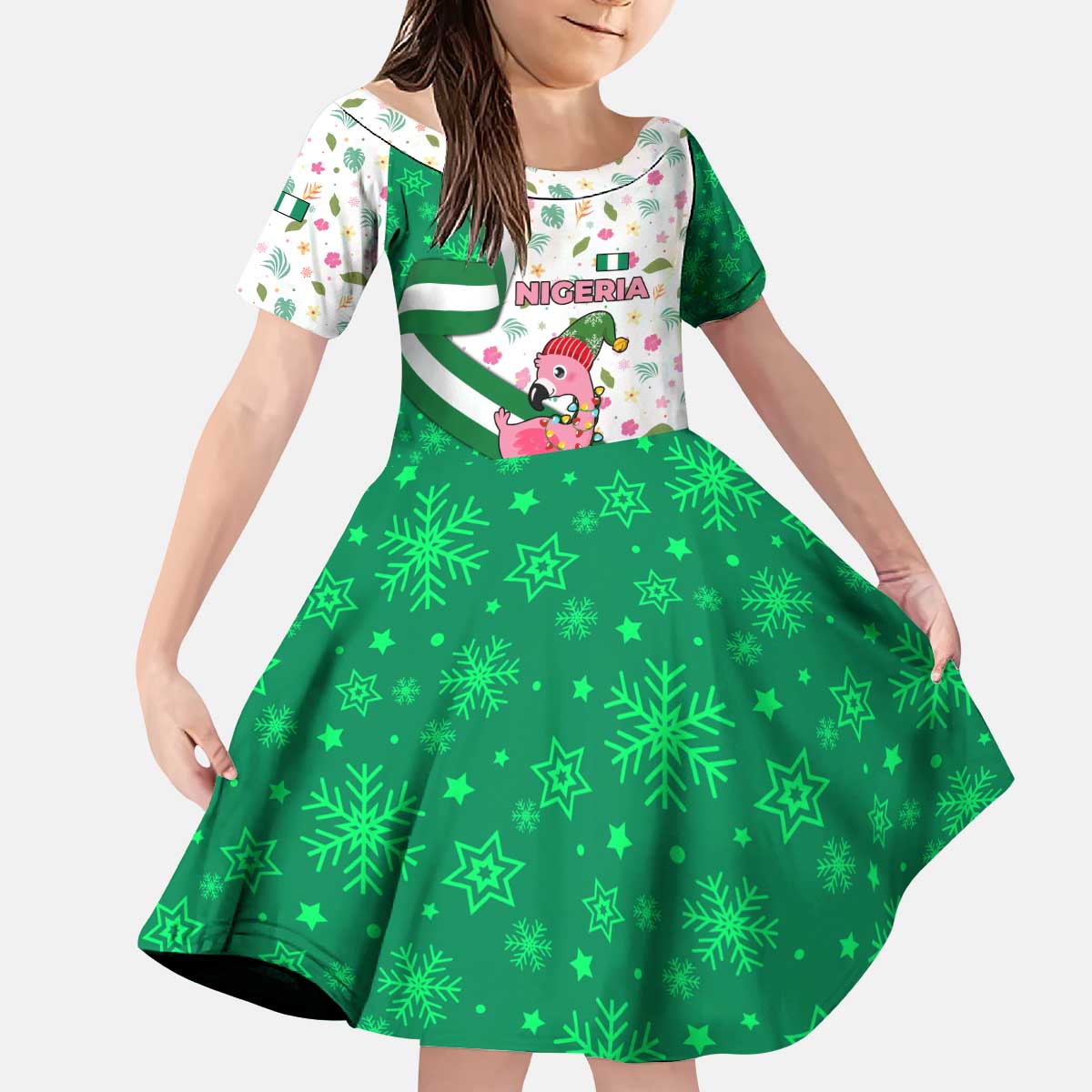 Nigeria Christmas Kid Short Sleeve Dress with Pink Flamingo Tropical Leaves and Festive Lights Design - Wonder Print Shop