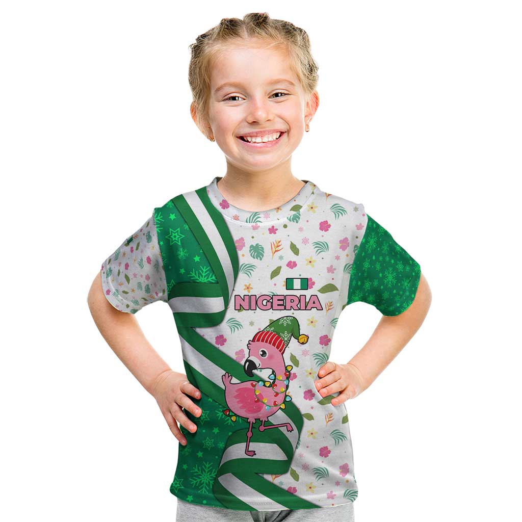 Nigeria Christmas Kid T Shirt with Pink Flamingo Tropical Leaves and Festive Lights Design - Wonder Print Shop