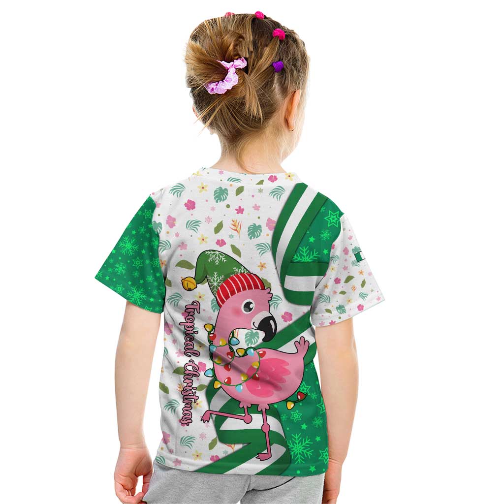 Nigeria Christmas Kid T Shirt with Pink Flamingo Tropical Leaves and Festive Lights Design - Wonder Print Shop