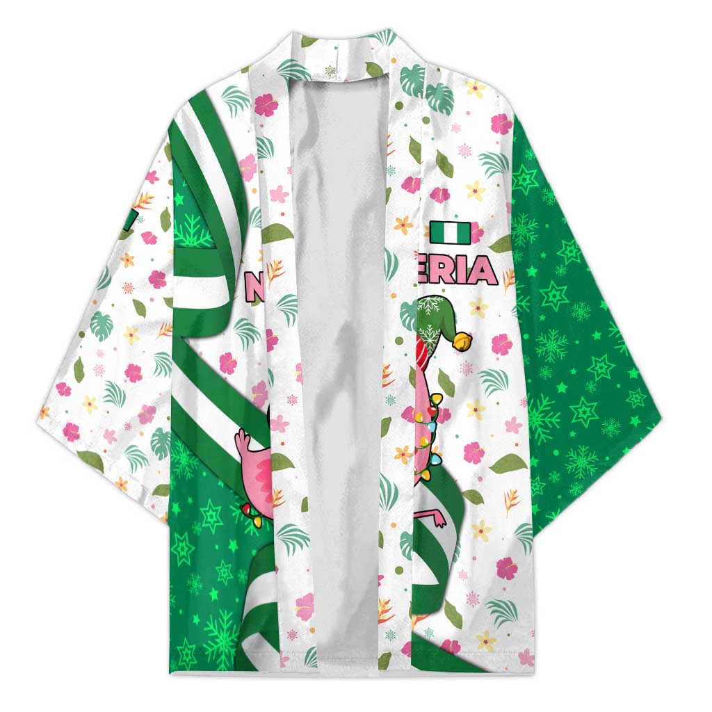 Nigeria Christmas Kimono with Pink Flamingo Tropical Leaves and Festive Lights Design - Wonder Print Shop