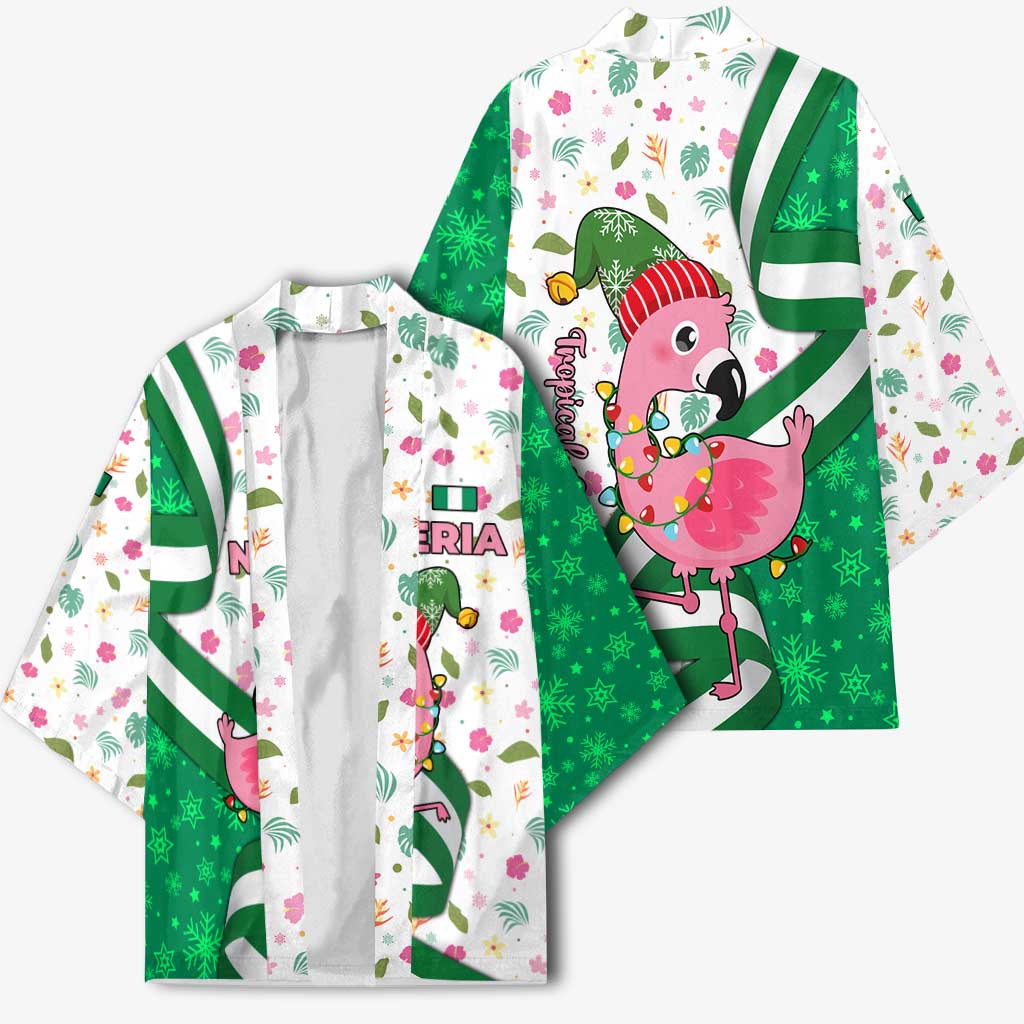 Nigeria Christmas Kimono with Pink Flamingo Tropical Leaves and Festive Lights Design - Wonder Print Shop