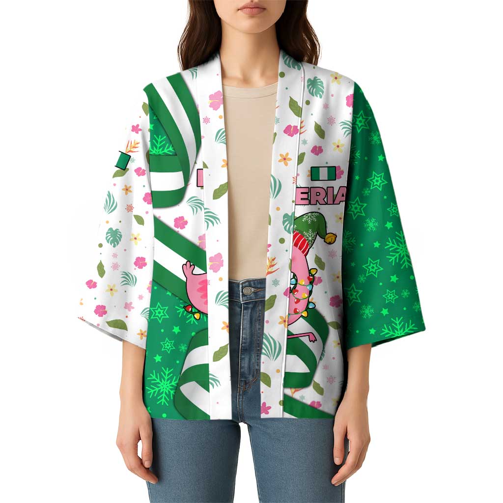 Nigeria Christmas Kimono with Pink Flamingo Tropical Leaves and Festive Lights Design - Wonder Print Shop