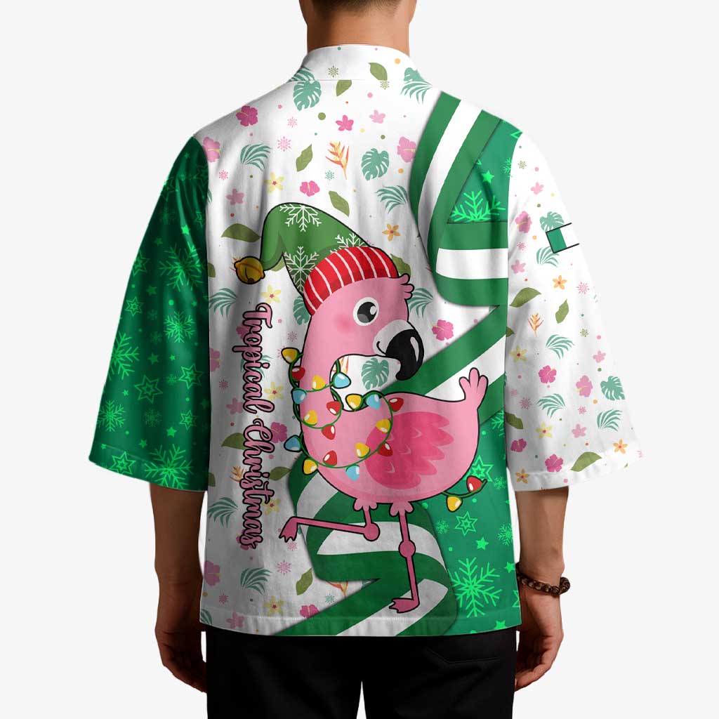 Nigeria Christmas Kimono with Pink Flamingo Tropical Leaves and Festive Lights Design - Wonder Print Shop