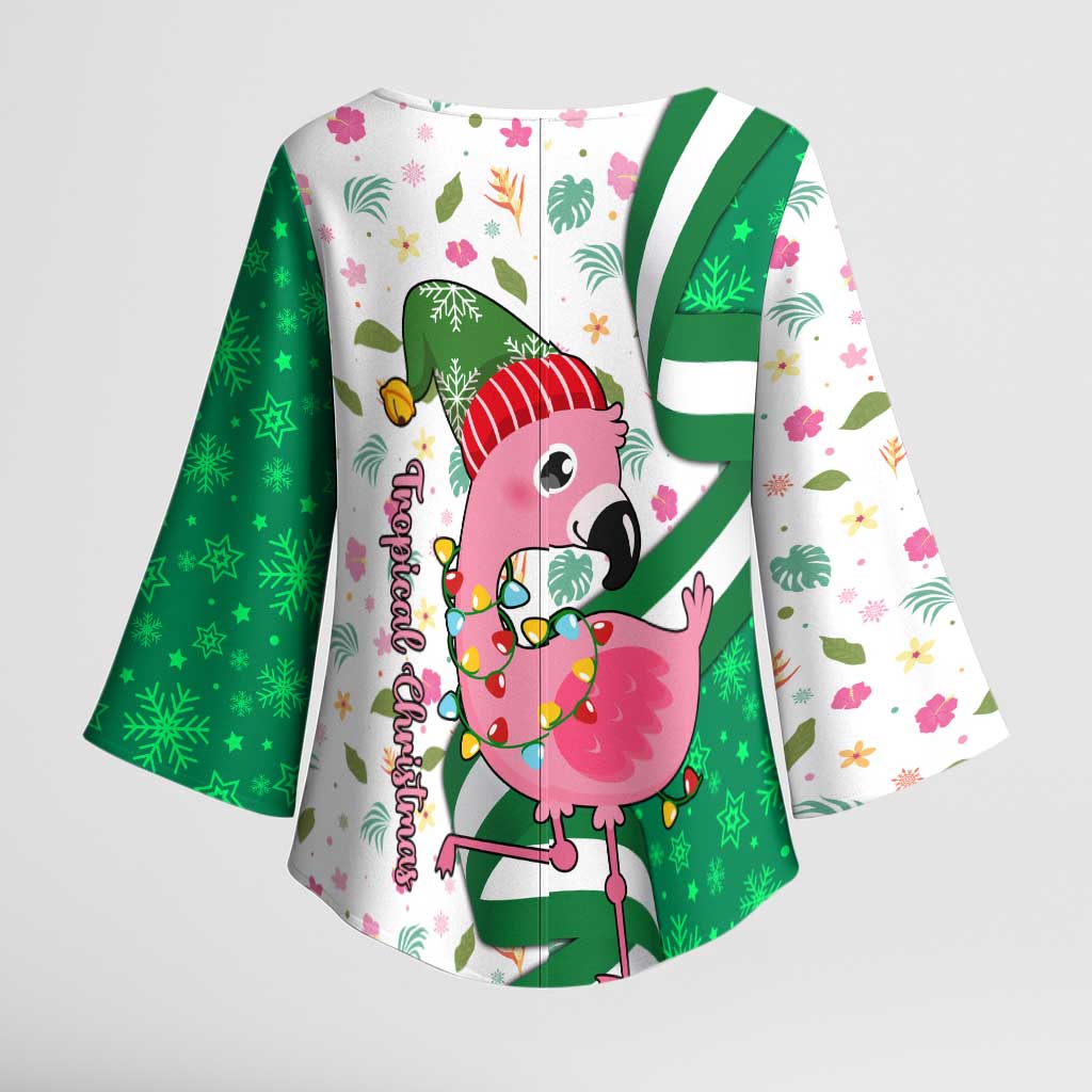 Nigeria Christmas Kimono Sleeve Blouse with Pink Flamingo Tropical Leaves and Festive Lights Design - Wonder Print Shop
