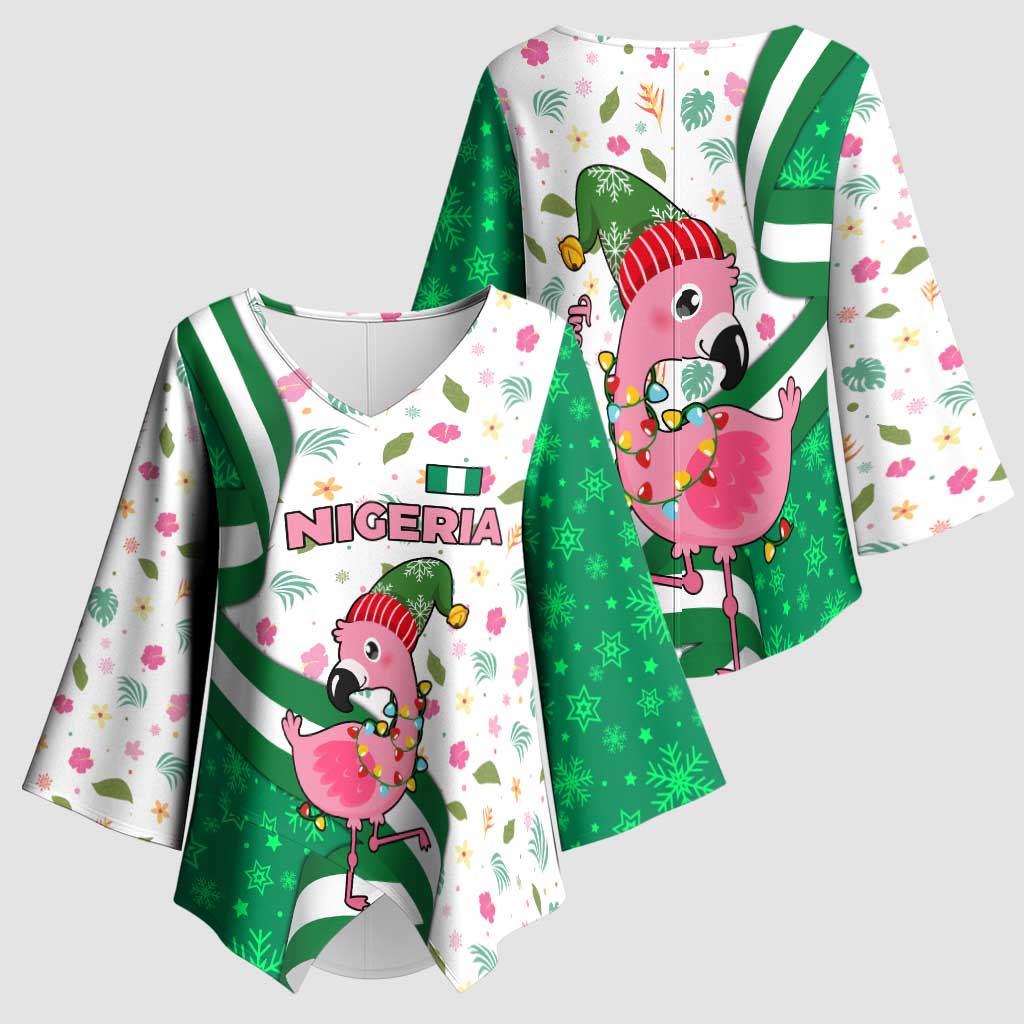 Nigeria Christmas Kimono Sleeve Blouse with Pink Flamingo Tropical Leaves and Festive Lights Design - Wonder Print Shop