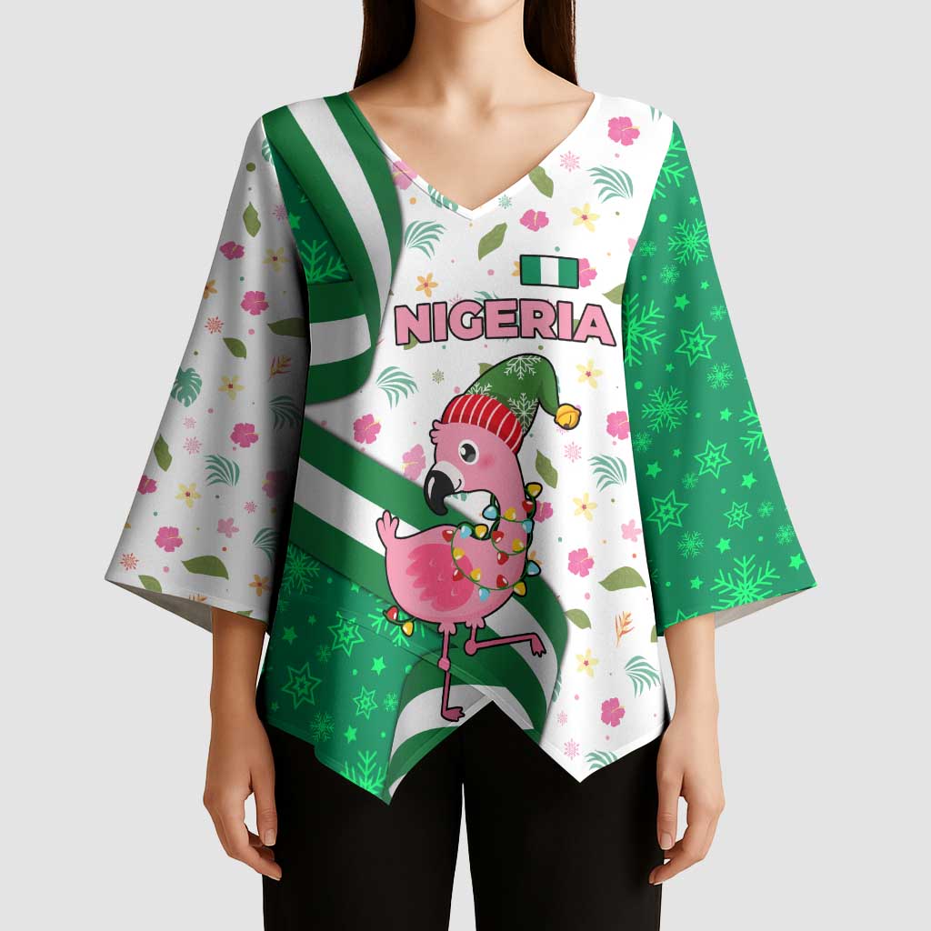 Nigeria Christmas Kimono Sleeve Blouse with Pink Flamingo Tropical Leaves and Festive Lights Design - Wonder Print Shop