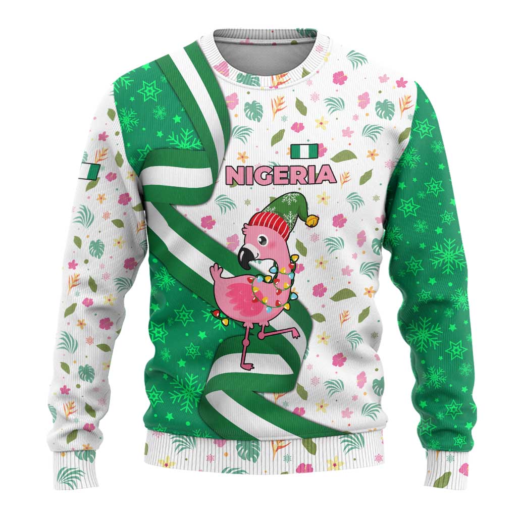 Nigeria Christmas Ugly Christmas Sweater with Pink Flamingo Tropical Leaves and Festive Lights Design - Wonder Print Shop