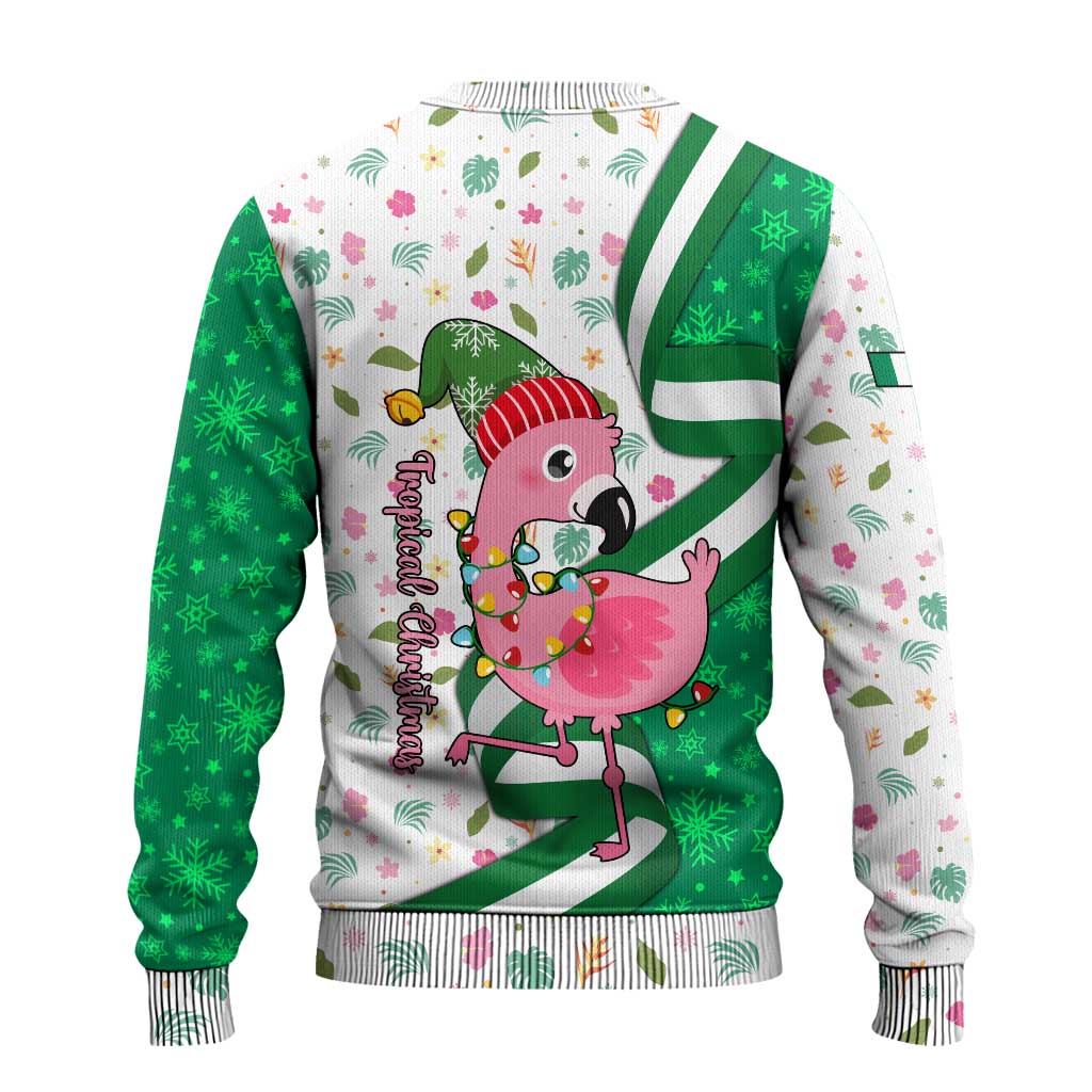 Nigeria Christmas Ugly Christmas Sweater with Pink Flamingo Tropical Leaves and Festive Lights Design - Wonder Print Shop