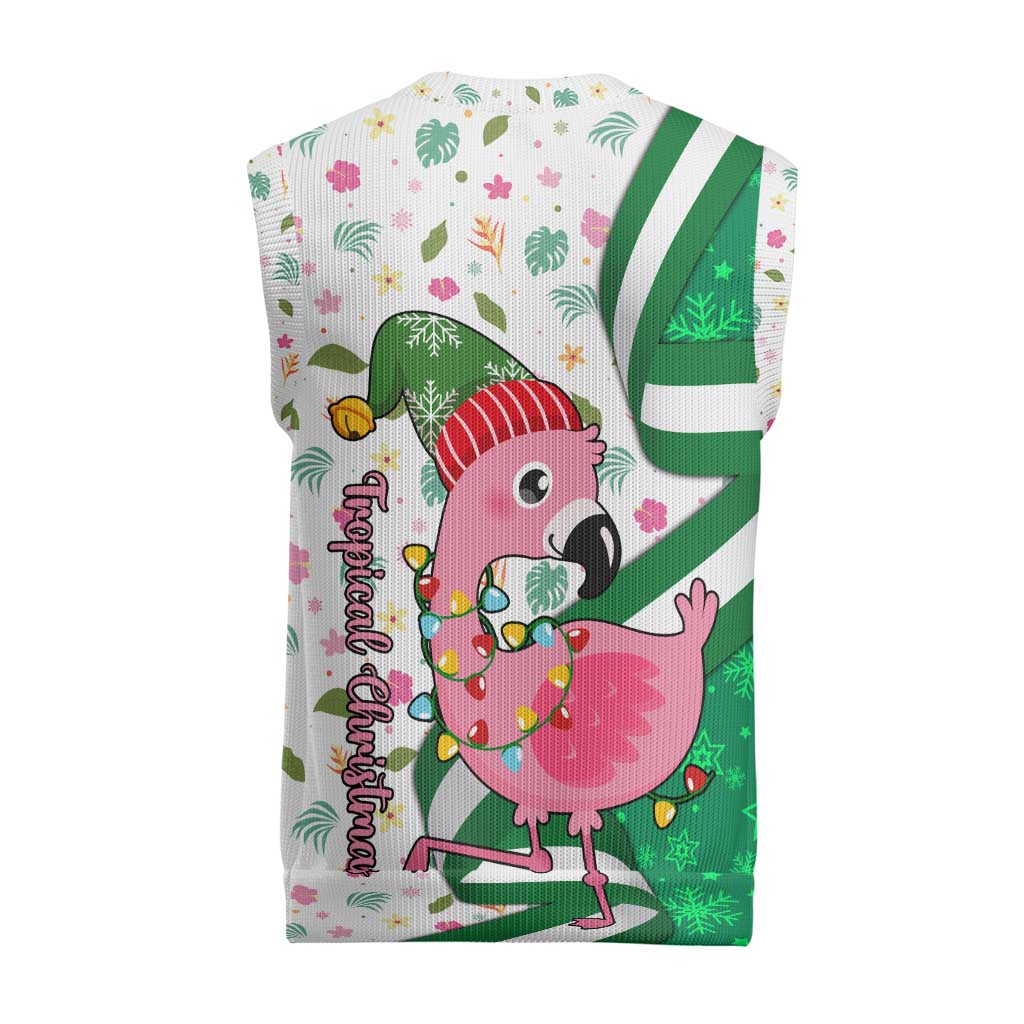 Nigeria Christmas Knitted V-Neck Vest with Pink Flamingo Tropical Leaves and Festive Lights Design - Wonder Print Shop