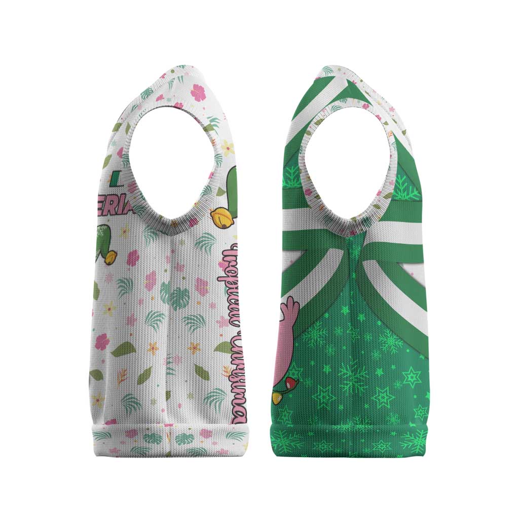 Nigeria Christmas Knitted V-Neck Vest with Pink Flamingo Tropical Leaves and Festive Lights Design - Wonder Print Shop