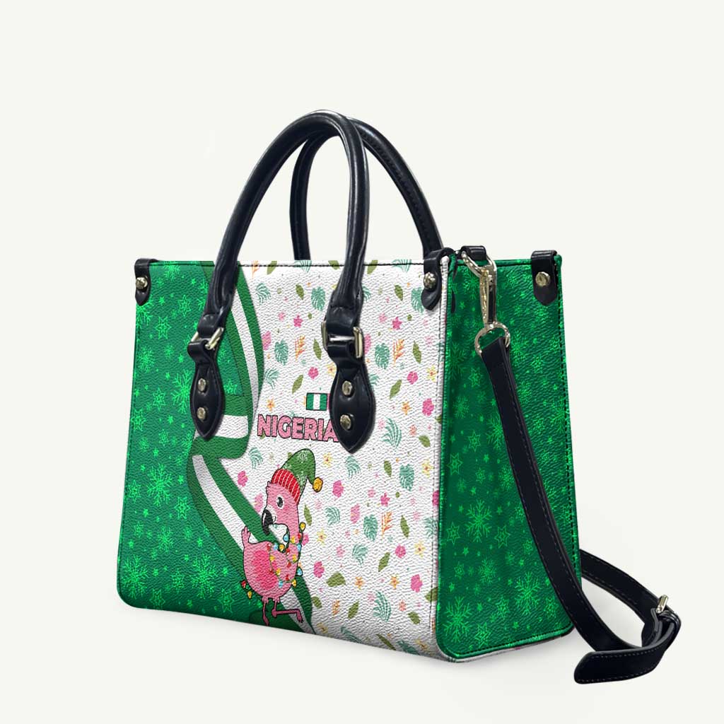 Nigeria Christmas Leather Bag with Pink Flamingo Tropical Leaves and Festive Lights Design - Wonder Print Shop