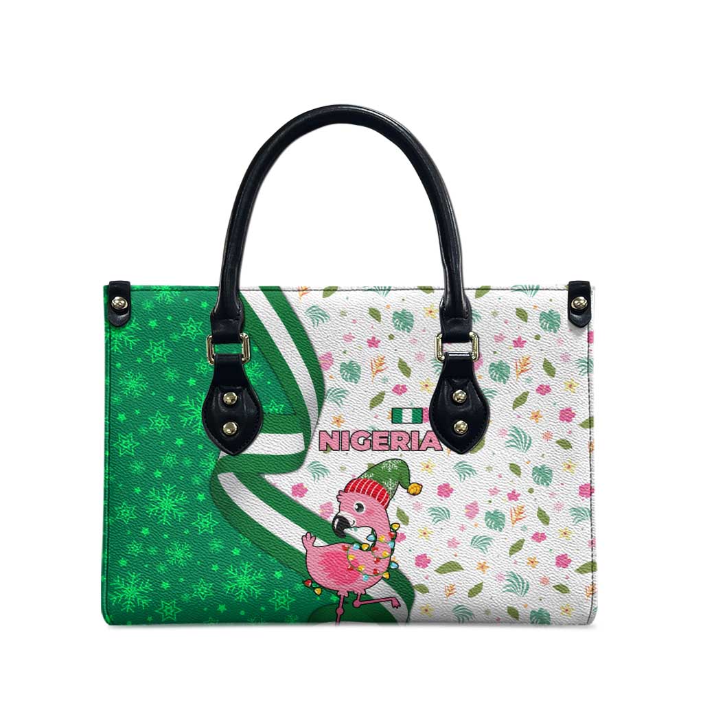 Nigeria Christmas Leather Bag with Pink Flamingo Tropical Leaves and Festive Lights Design - Wonder Print Shop