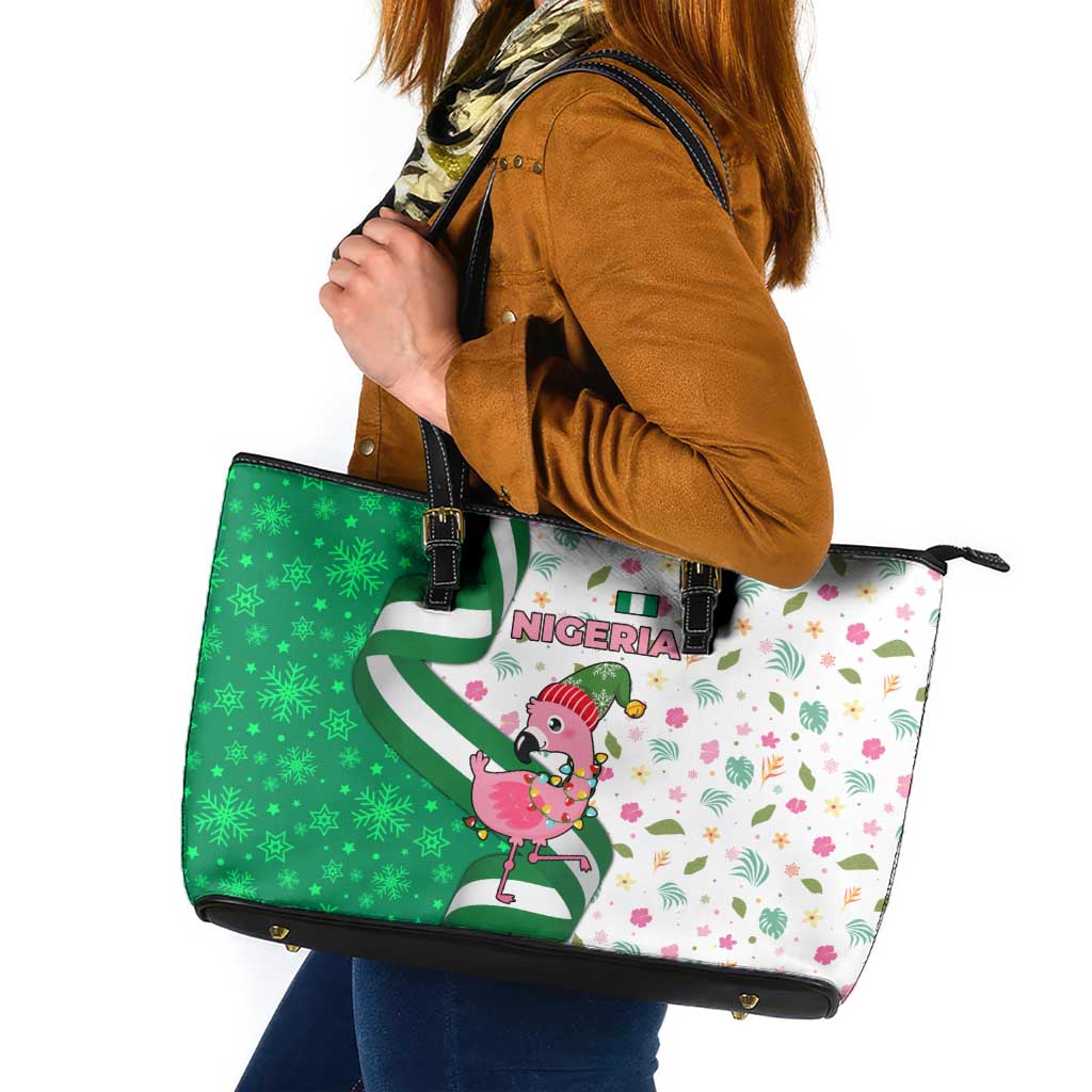 Nigeria Christmas Leather Tote Bag with Pink Flamingo Tropical Leaves and Festive Lights Design - Wonder Print Shop