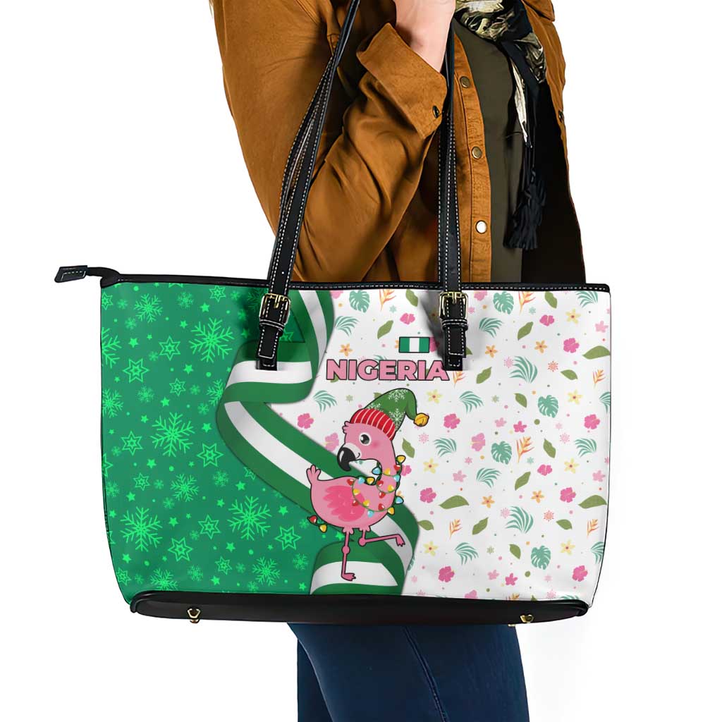 Nigeria Christmas Leather Tote Bag with Pink Flamingo Tropical Leaves and Festive Lights Design - Wonder Print Shop