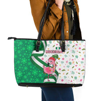Nigeria Christmas Leather Tote Bag with Pink Flamingo Tropical Leaves and Festive Lights Design - Wonder Print Shop