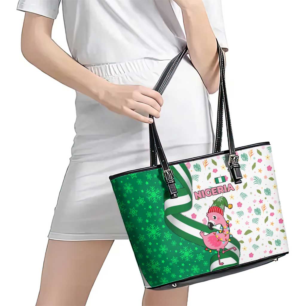 Nigeria Christmas Leather Tote Bag with Pink Flamingo Tropical Leaves and Festive Lights Design - Wonder Print Shop