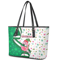 Nigeria Christmas Leather Tote Bag with Pink Flamingo Tropical Leaves and Festive Lights Design - Wonder Print Shop
