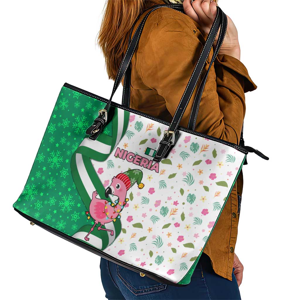 Nigeria Christmas Leather Tote Bag with Pink Flamingo Tropical Leaves and Festive Lights Design - Wonder Print Shop