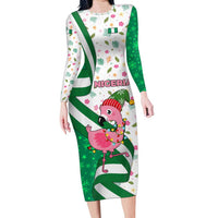 Nigeria Christmas Long Sleeve Bodycon Dress with Pink Flamingo Tropical Leaves and Festive Lights Design - Wonder Print Shop