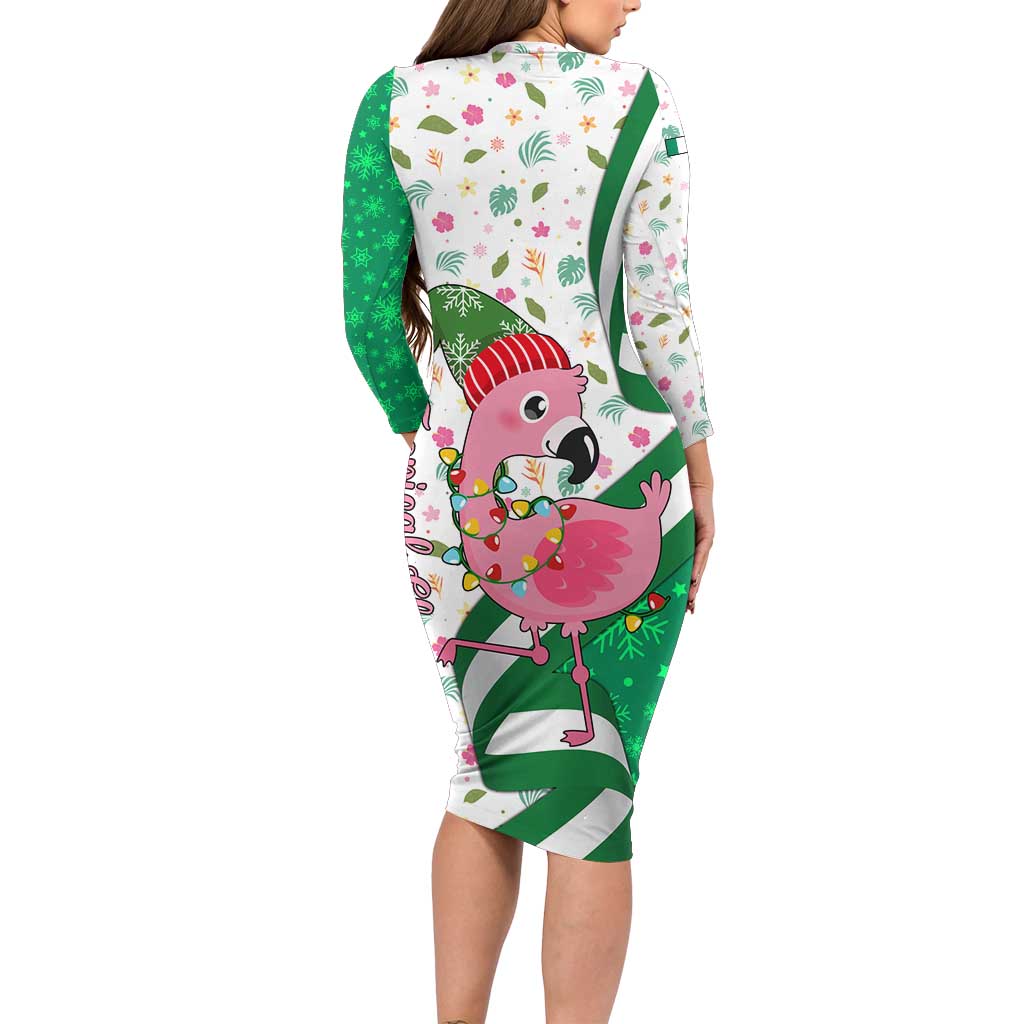 Nigeria Christmas Long Sleeve Bodycon Dress with Pink Flamingo Tropical Leaves and Festive Lights Design - Wonder Print Shop