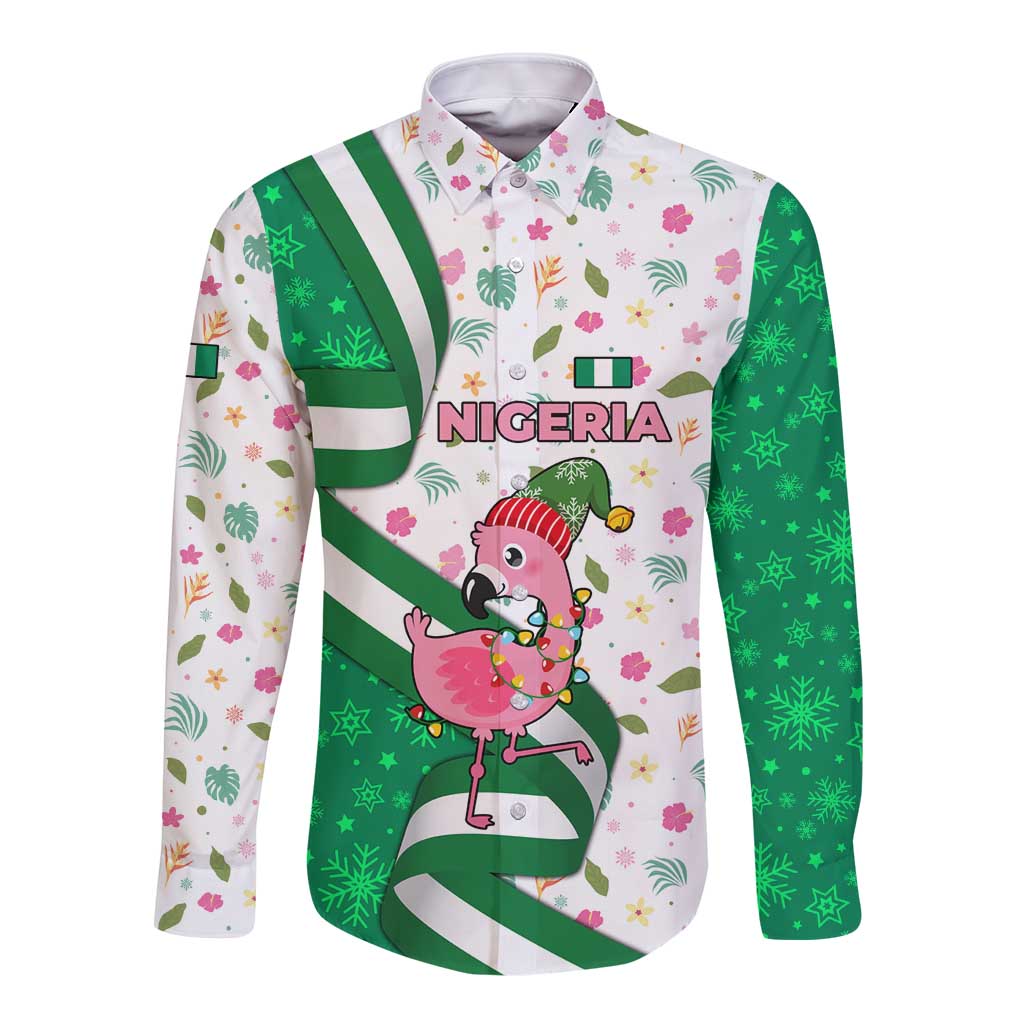 Nigeria Christmas Long Sleeve Button Shirt with Pink Flamingo Tropical Leaves and Festive Lights Design - Wonder Print Shop