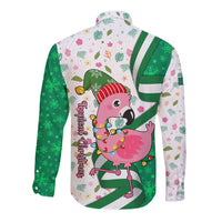 Nigeria Christmas Long Sleeve Button Shirt with Pink Flamingo Tropical Leaves and Festive Lights Design - Wonder Print Shop