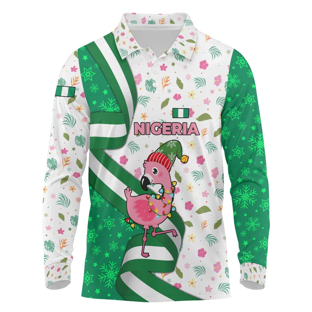 Nigeria Christmas Long Sleeve Polo Shirt with Pink Flamingo Tropical Leaves and Festive Lights Design - Wonder Print Shop