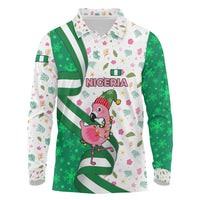 Nigeria Christmas Long Sleeve Polo Shirt with Pink Flamingo Tropical Leaves and Festive Lights Design - Wonder Print Shop