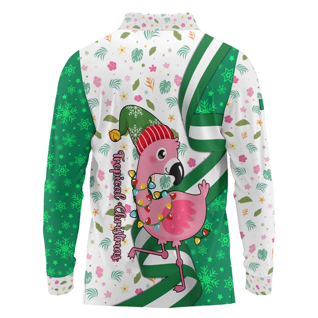 Nigeria Christmas Long Sleeve Polo Shirt with Pink Flamingo Tropical Leaves and Festive Lights Design - Wonder Print Shop