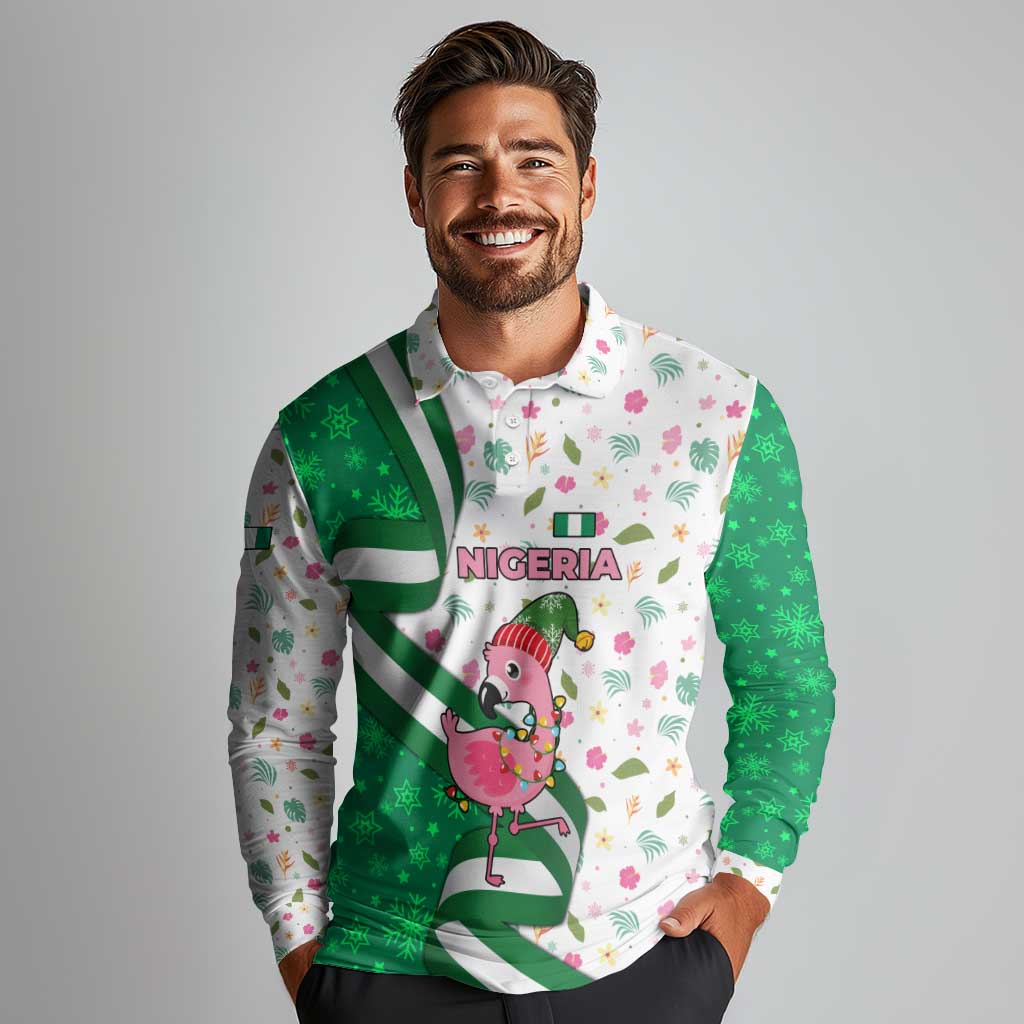 Nigeria Christmas Long Sleeve Polo Shirt with Pink Flamingo Tropical Leaves and Festive Lights Design - Wonder Print Shop