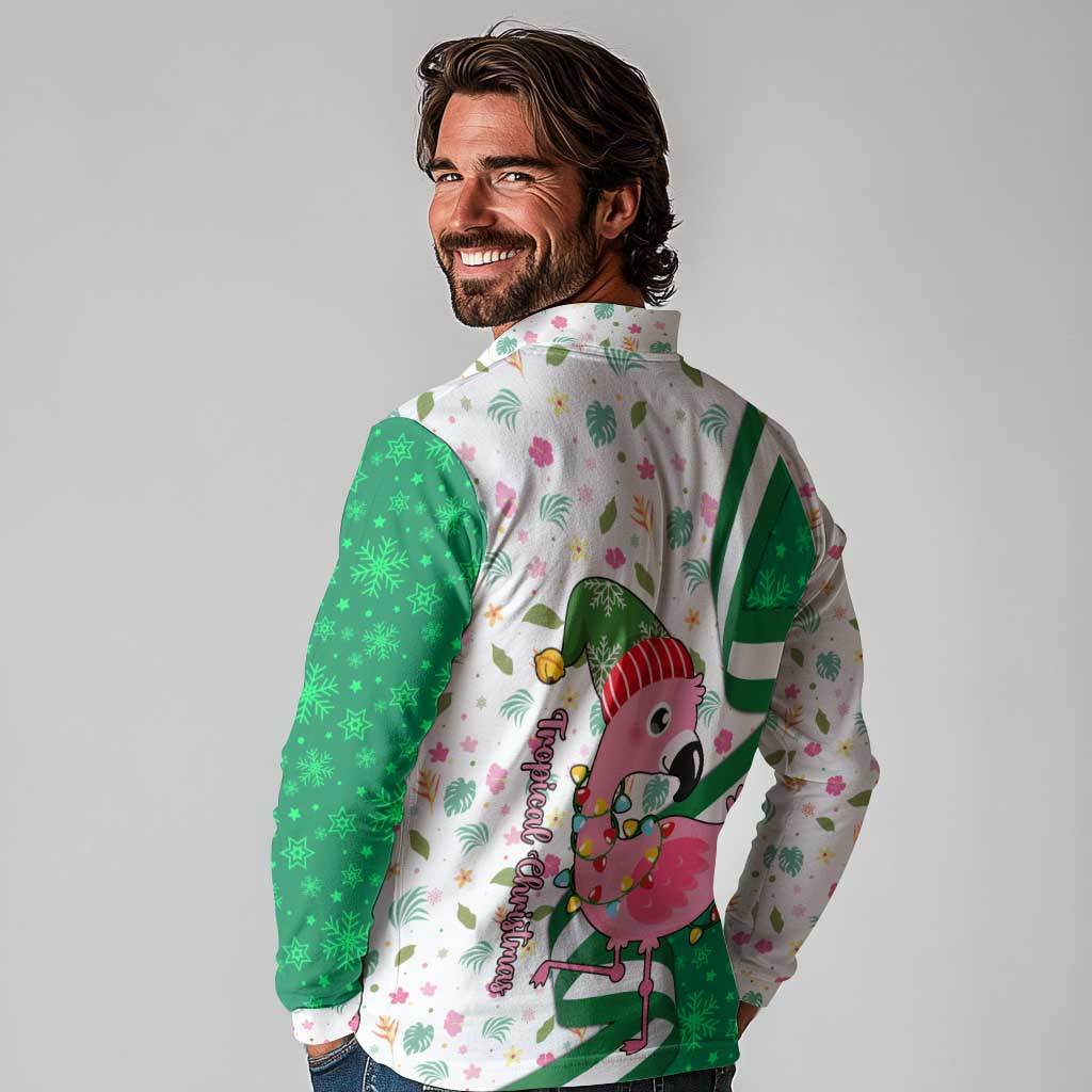 Nigeria Christmas Long Sleeve Polo Shirt with Pink Flamingo Tropical Leaves and Festive Lights Design - Wonder Print Shop