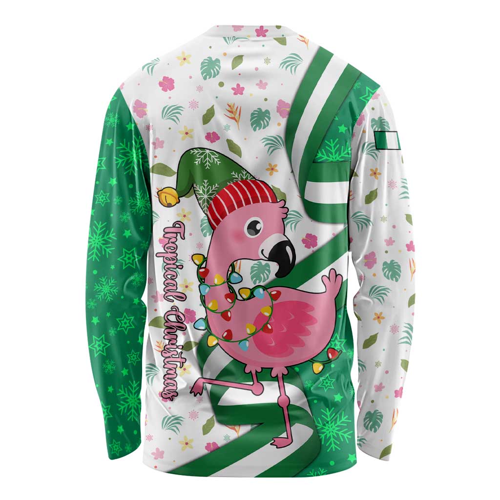 Nigeria Christmas Long Sleeve Shirt with Pink Flamingo Tropical Leaves and Festive Lights Design - Wonder Print Shop