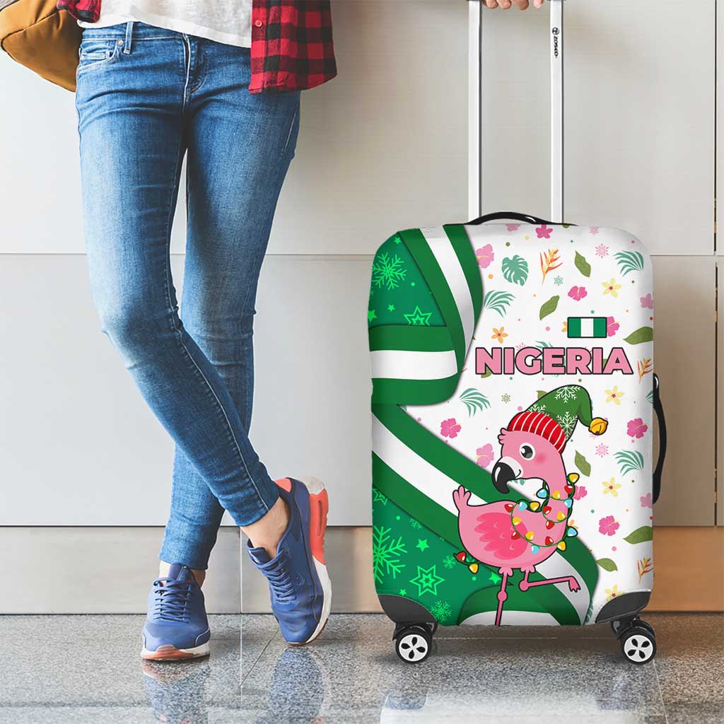 Nigeria Christmas Luggage Cover with Pink Flamingo Tropical Leaves and Festive Lights Design - Wonder Print Shop