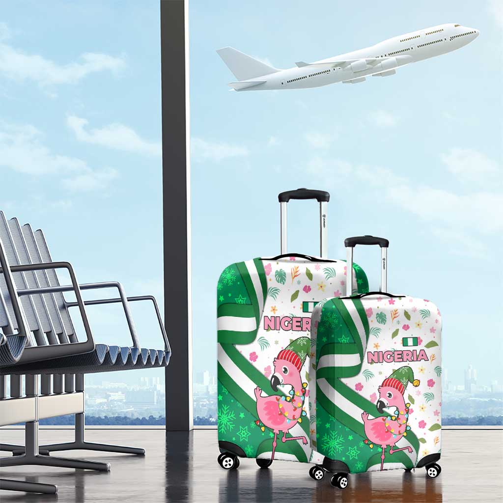 Nigeria Christmas Luggage Cover with Pink Flamingo Tropical Leaves and Festive Lights Design - Wonder Print Shop