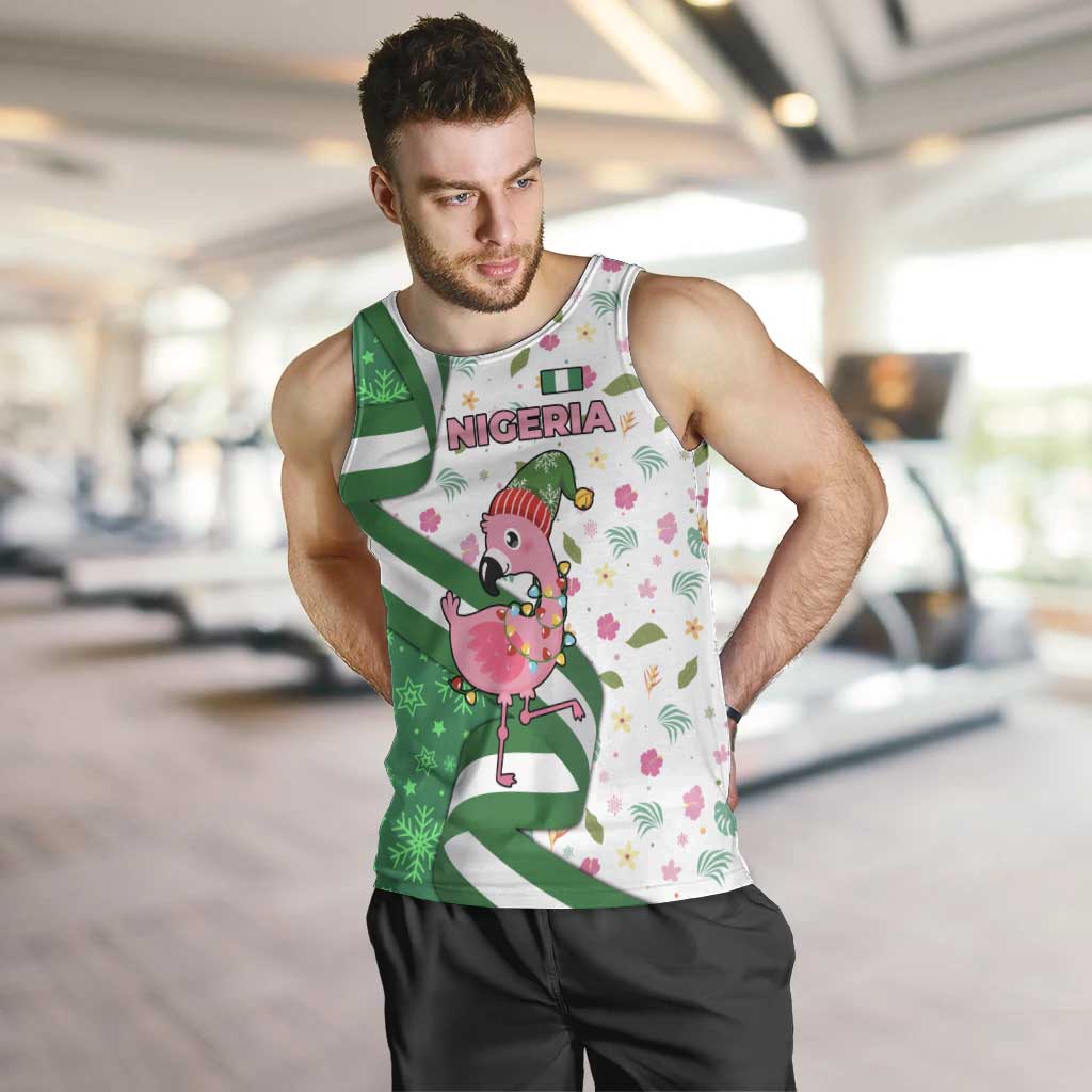 Nigeria Christmas Men Tank Top with Pink Flamingo Tropical Leaves and Festive Lights Design - Wonder Print Shop