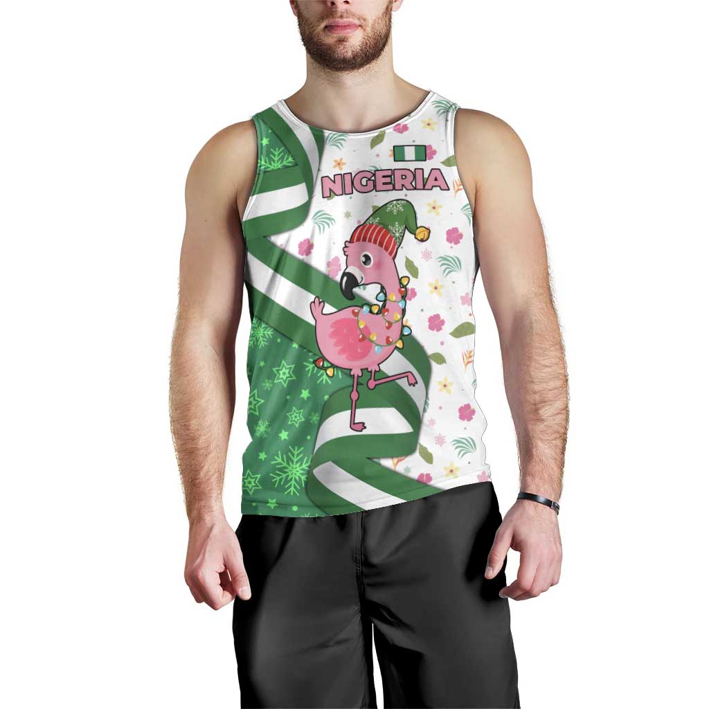 Nigeria Christmas Men Tank Top with Pink Flamingo Tropical Leaves and Festive Lights Design - Wonder Print Shop