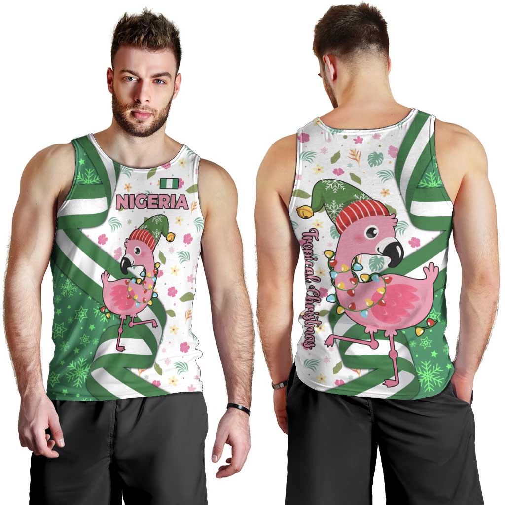 Nigeria Christmas Men Tank Top with Pink Flamingo Tropical Leaves and Festive Lights Design - Wonder Print Shop