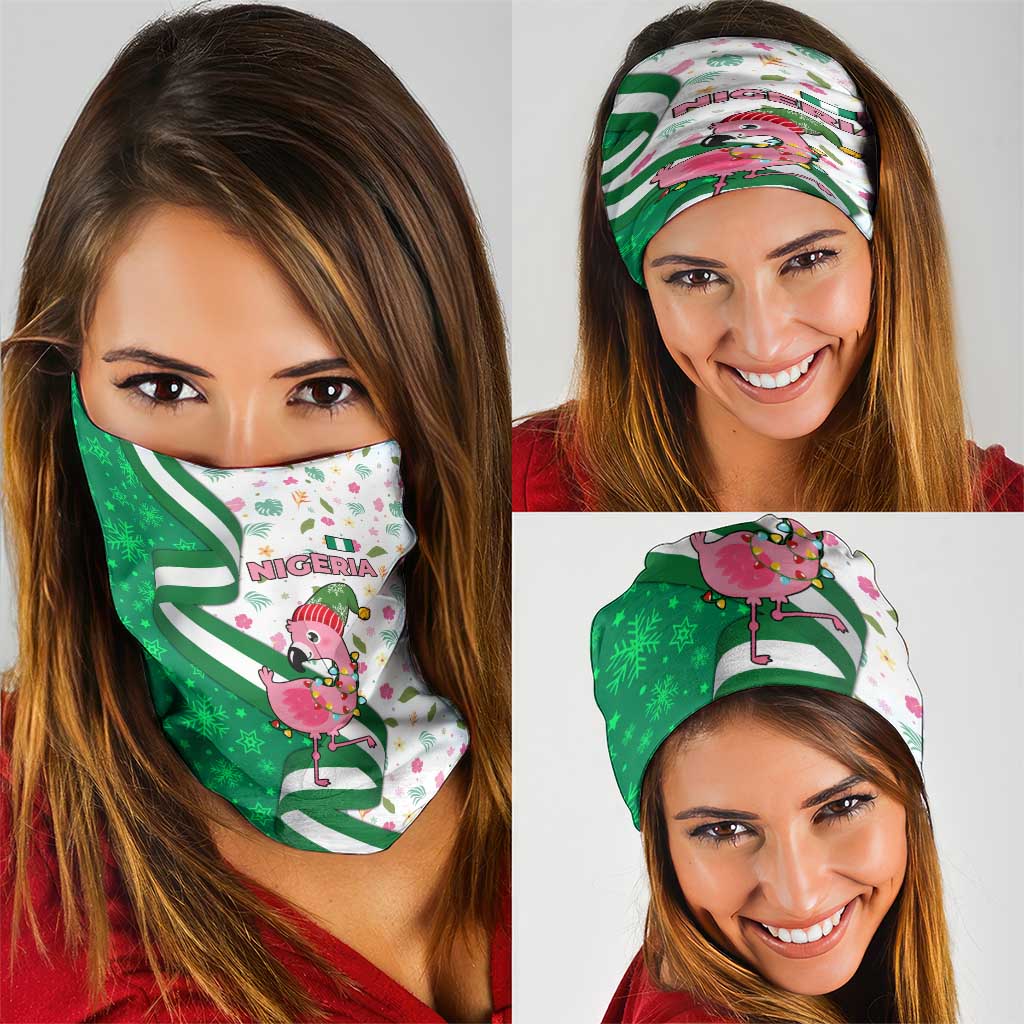 Nigeria Christmas Neck Gaiter with Pink Flamingo Tropical Leaves and Festive Lights Design - Wonder Print Shop