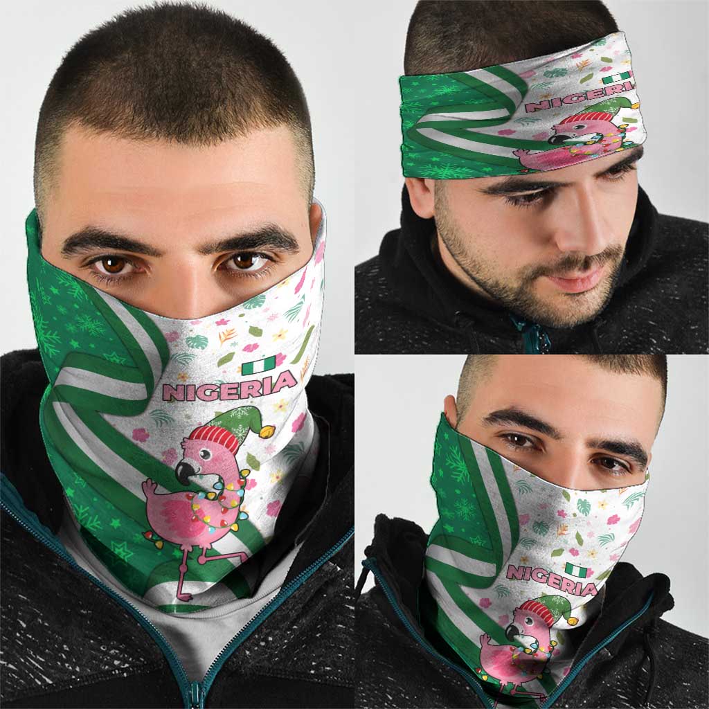 Nigeria Christmas Neck Gaiter with Pink Flamingo Tropical Leaves and Festive Lights Design - Wonder Print Shop