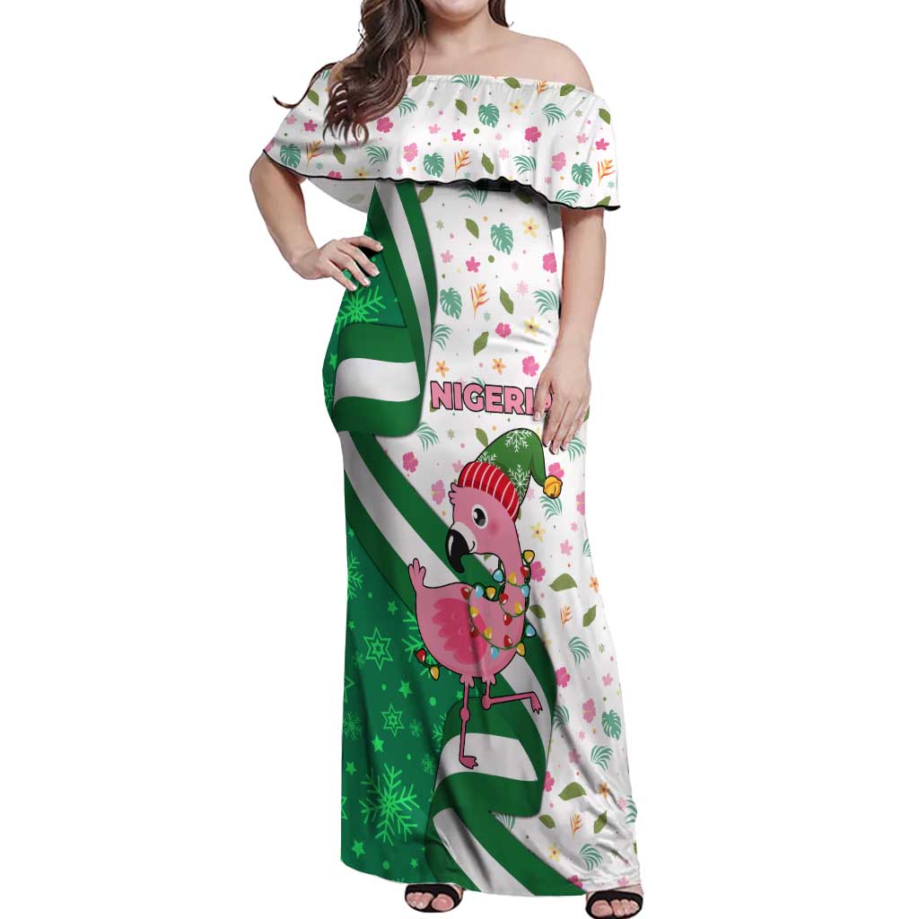 Nigeria Christmas Off Shoulder Maxi Dress with Pink Flamingo Tropical Leaves and Festive Lights Design - Wonder Print Shop