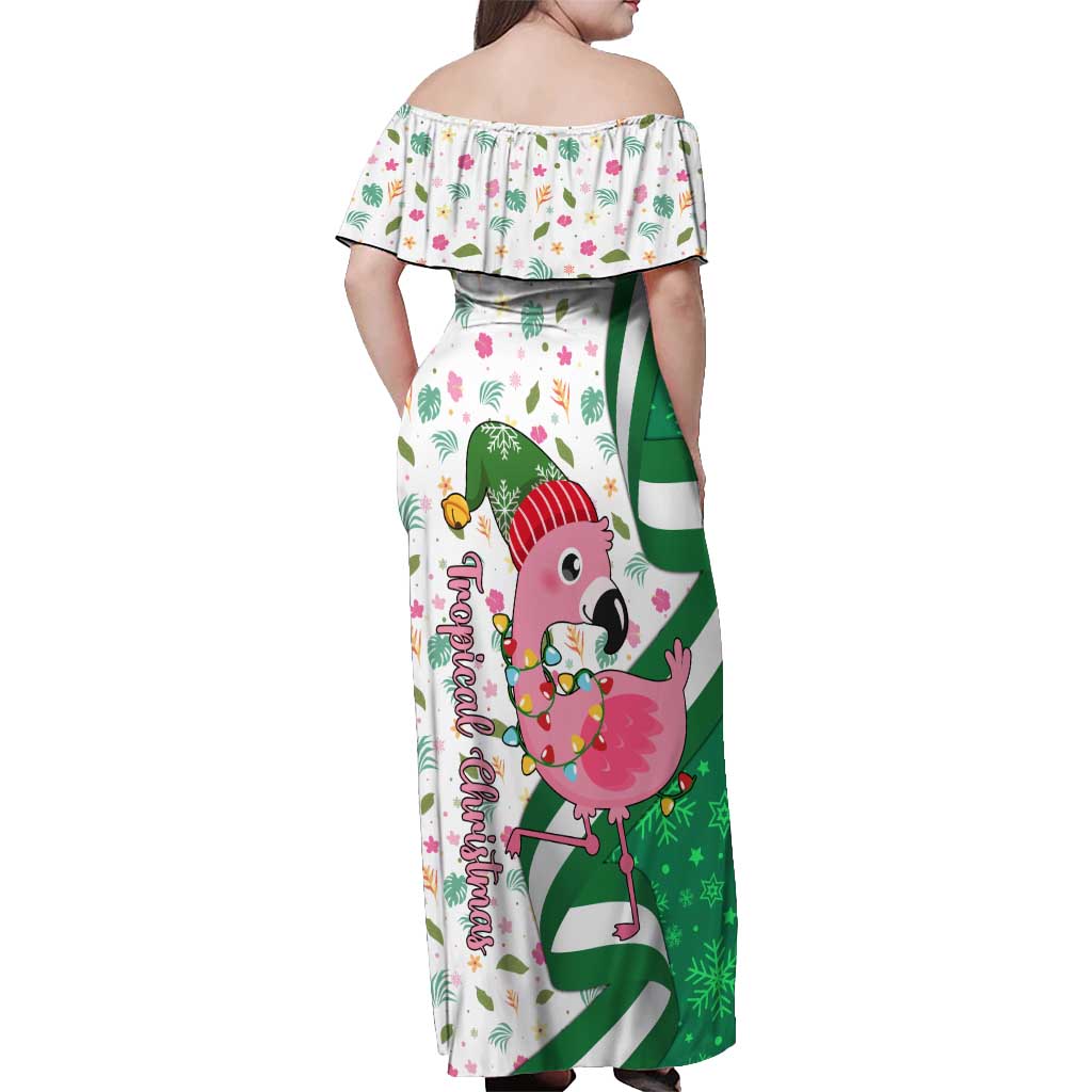 Nigeria Christmas Off Shoulder Maxi Dress with Pink Flamingo Tropical Leaves and Festive Lights Design - Wonder Print Shop