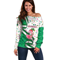 Nigeria Christmas Off Shoulder Sweater with Pink Flamingo Tropical Leaves and Festive Lights Design - Wonder Print Shop