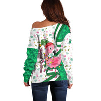 Nigeria Christmas Off Shoulder Sweater with Pink Flamingo Tropical Leaves and Festive Lights Design - Wonder Print Shop