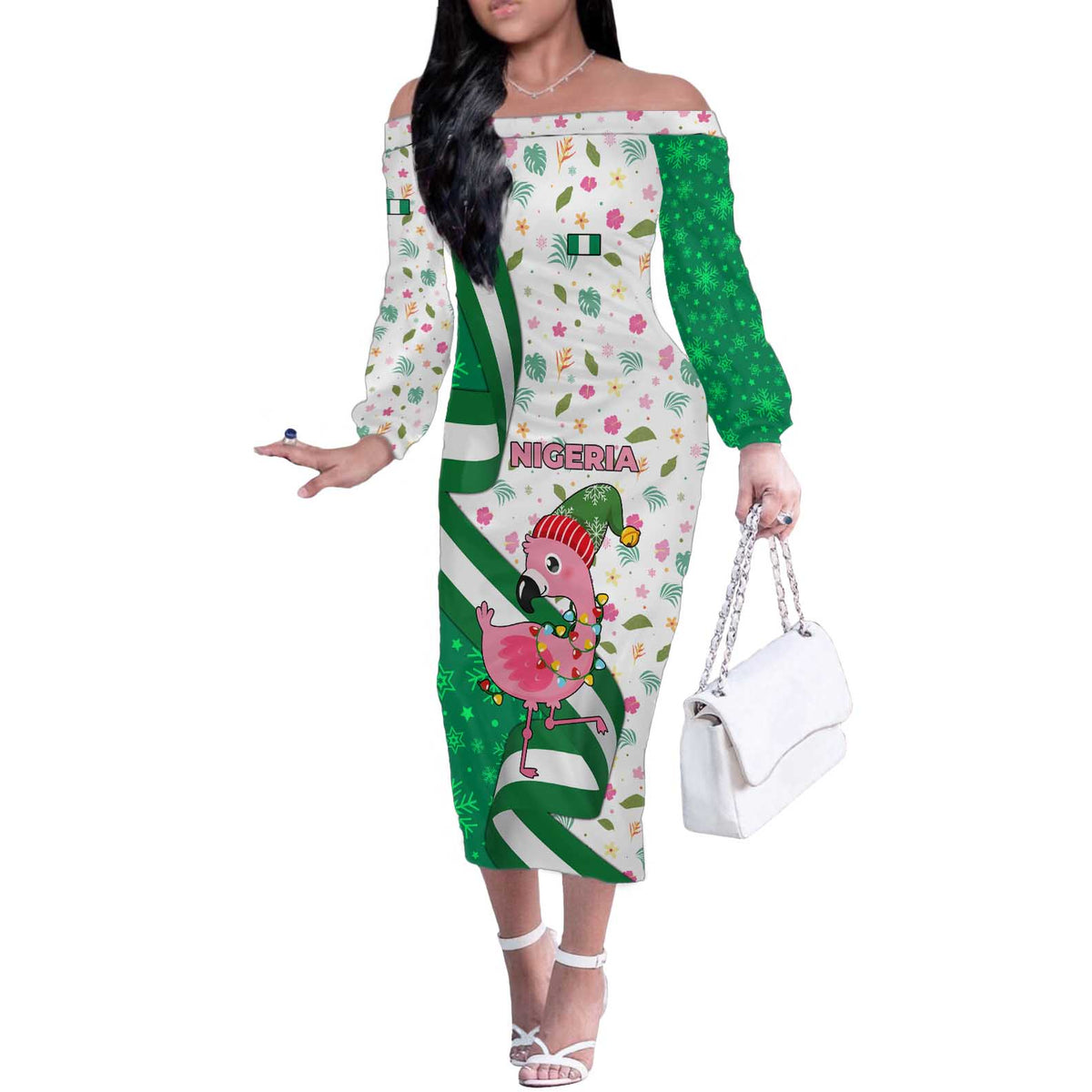 Nigeria Christmas Off The Shoulder Long Sleeve Dress with Pink Flamingo Tropical Leaves and Festive Lights Design - Wonder Print Shop