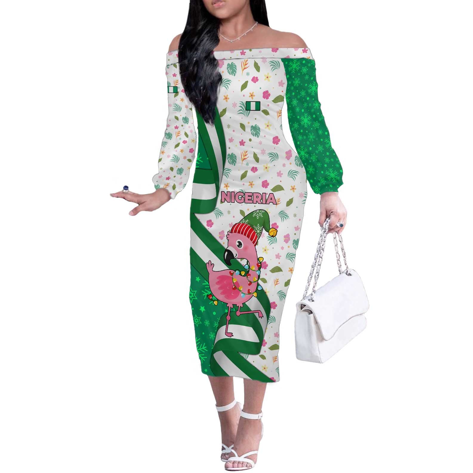 Nigeria Christmas Off The Shoulder Long Sleeve Dress with Pink Flamingo Tropical Leaves and Festive Lights Design - Wonder Print Shop