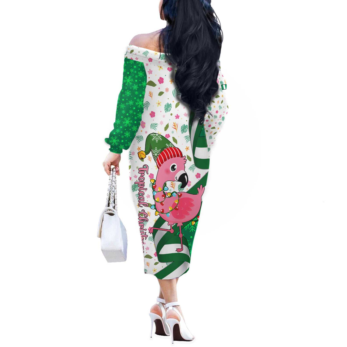 Nigeria Christmas Off The Shoulder Long Sleeve Dress with Pink Flamingo Tropical Leaves and Festive Lights Design - Wonder Print Shop