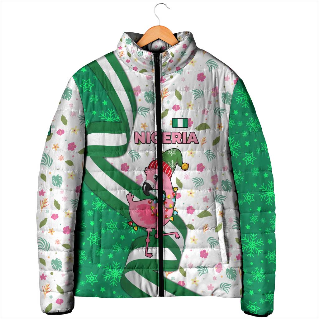 Nigeria Christmas Padded Jacket with Pink Flamingo Tropical Leaves and Festive Lights Design - Wonder Print Shop