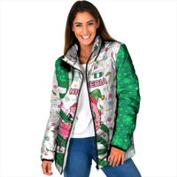 Nigeria Christmas Padded Jacket with Pink Flamingo Tropical Leaves and Festive Lights Design - Wonder Print Shop