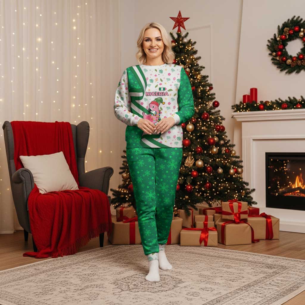 Nigeria Christmas Pajama Set with Pink Flamingo Tropical Leaves and Festive Lights Design - Wonder Print Shop